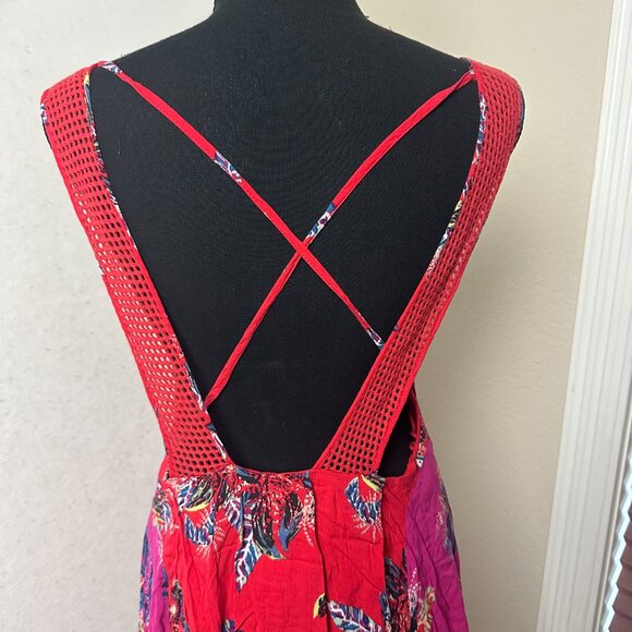 Free People Thought I Was Dreaming Red Floral Mini Dress Sz M Boho strappy back - Picture 5 of 8
